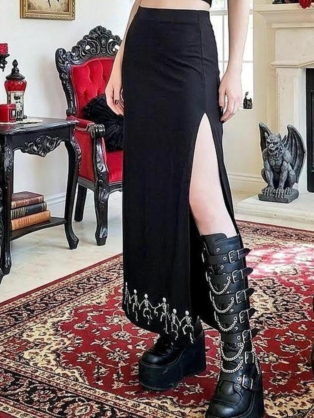 Killstar black maxi skirt with skeleton design. Size S